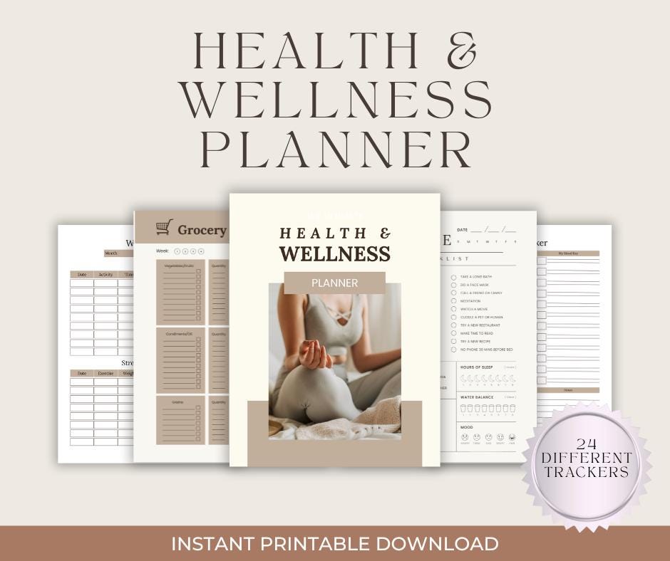 Health and Wellness Planner PDF: Fitness, Meal, Mood Trackers (Digital Download)