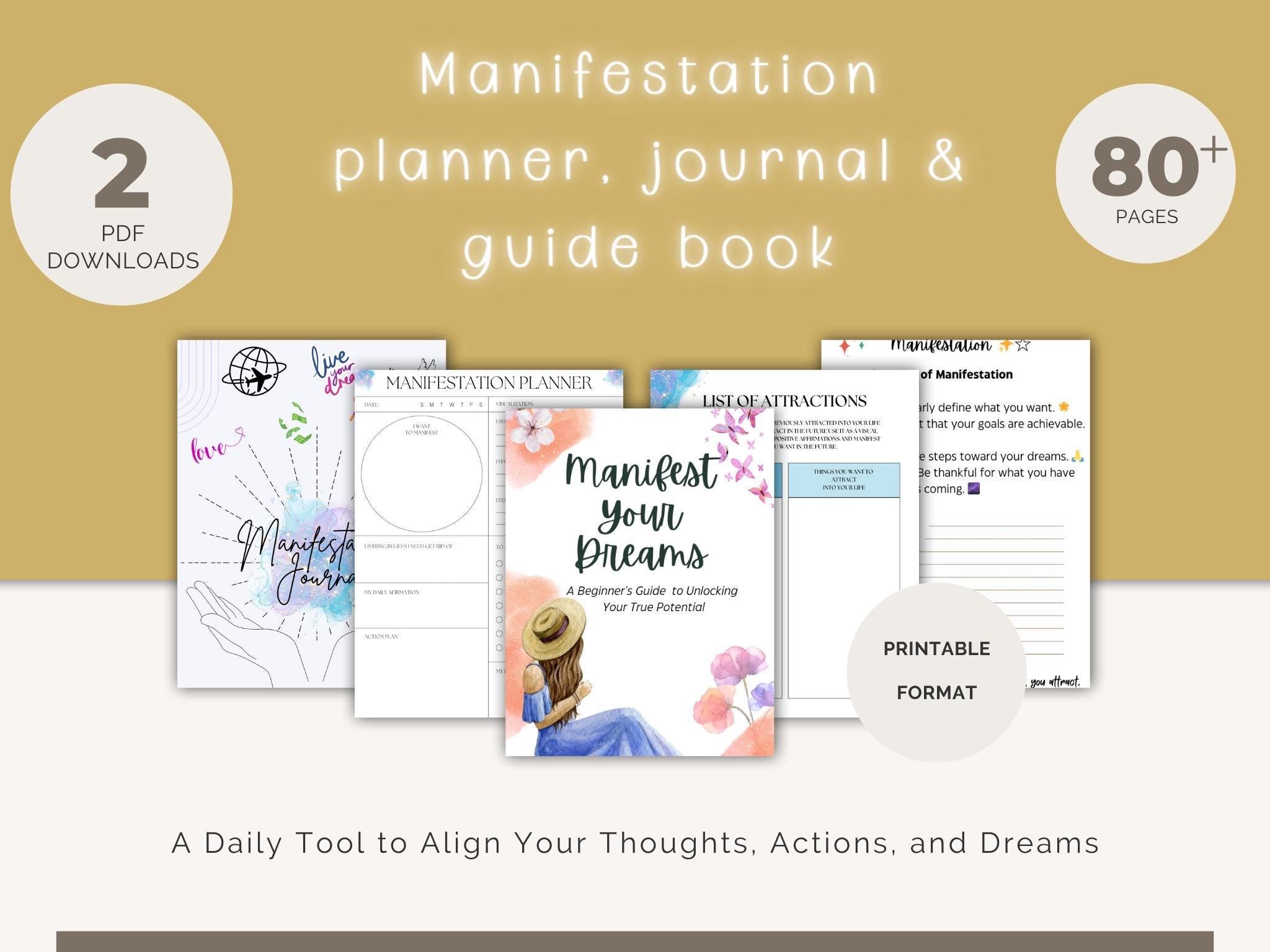 Manifestation Planner Journal Digital Download, Goal Setting & Dream Tracker, Daily Guide Book, Over 80 Pages, Printable PDF