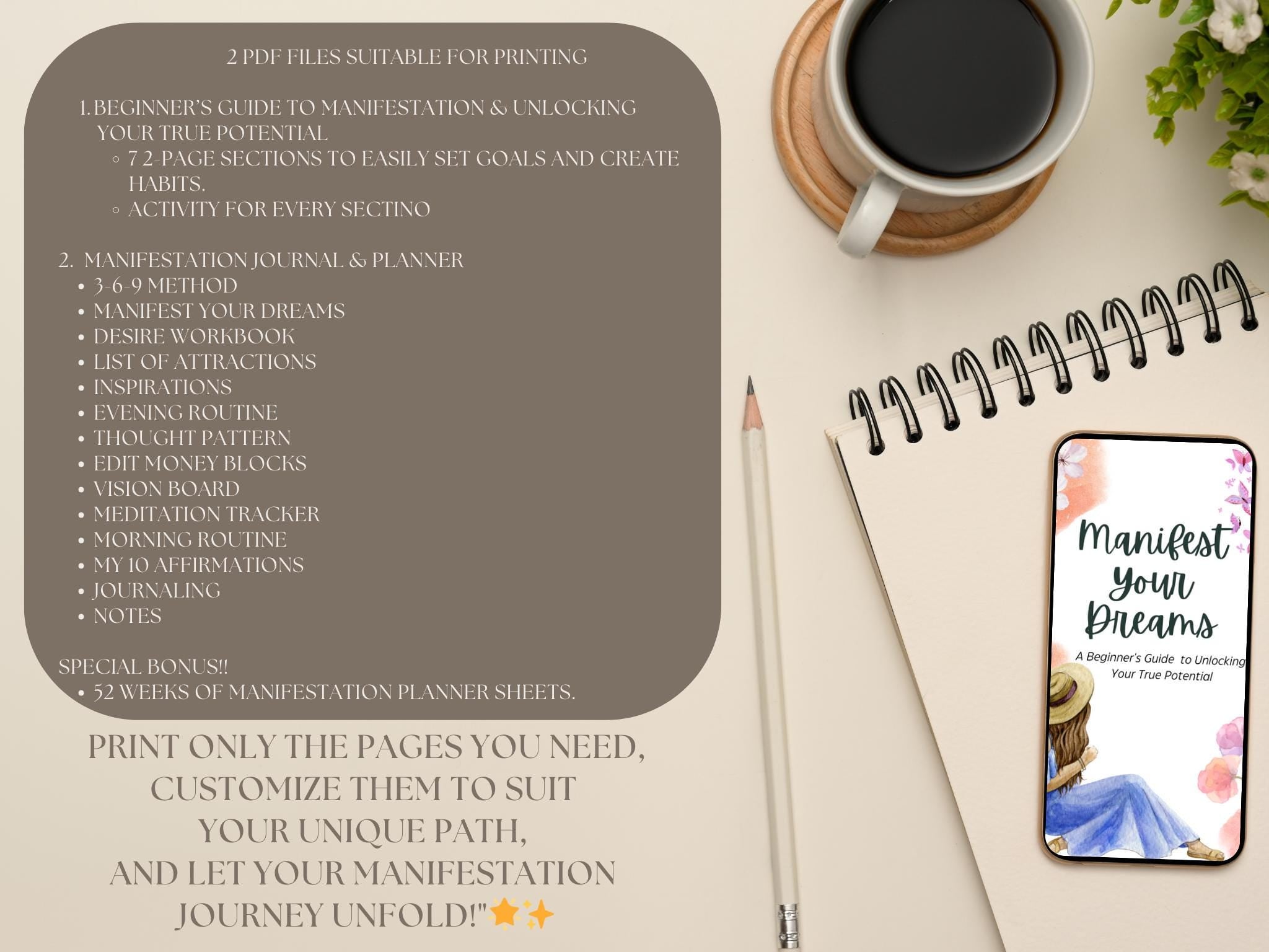 Manifestation Planner Journal Digital Download, Goal Setting & Dream Tracker, Daily Guide Book, Over 80 Pages, Printable PDF