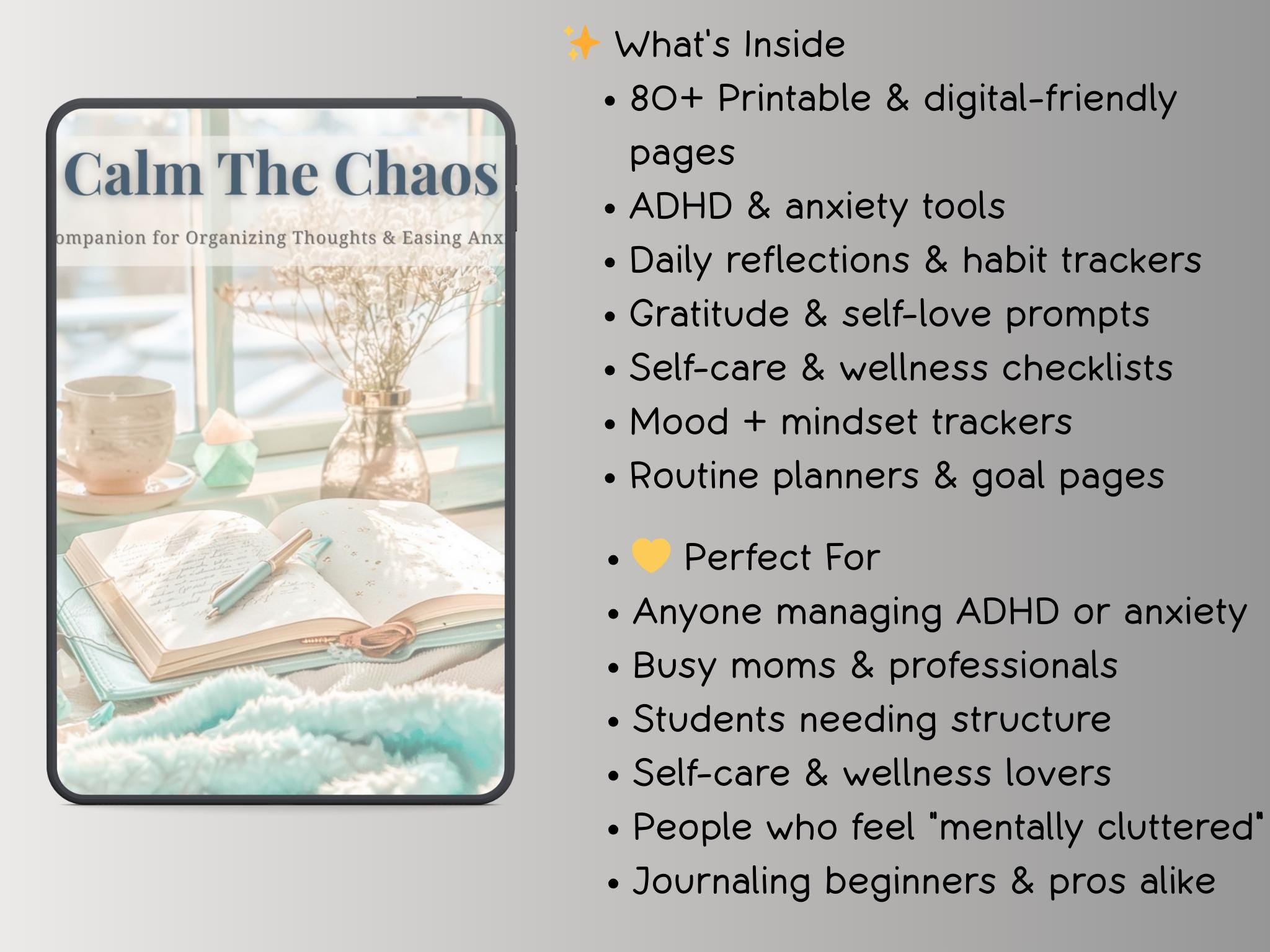 Calm the Chaos Printable Journal ADHD Anxiety Self Care Wellness Tracker Gratitude Planner Digital Mental Health Workbook PDF
